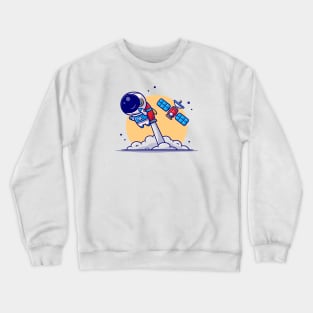 Cute Astronaut Flying with Rocket and Satellite Cartoon Vector Icon Illustration Crewneck Sweatshirt